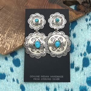 Native American NAVAJO Sterling & Kingman Turquoise Double Concho Post Earrings